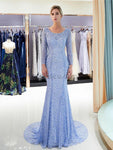 Luxury Full Beaded Mermaid Long Sleeve Open-Back Prom Dress, YKX054