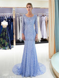 Luxury Full Beaded Mermaid Long Sleeve Open-Back Prom Dress, YKX054