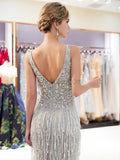 Sexy Deep V-neck Mermaid Backless Beaded Sleeveless Prom Dress, YKX055