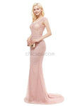 Cap Sleeve Mermaid Beaded Round Neck Prom Dress, YKX056