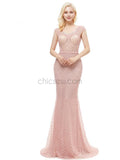 Cap Sleeve Mermaid Beaded Round Neck Prom Dress, YKX056