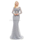 Long Sleeve Mermaid Lace Backless Beaded Floor-Length Prom Dress, YKX058