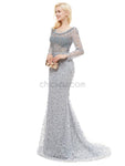 Long Sleeve Mermaid Lace Backless Beaded Floor-Length Prom Dress, YKX058