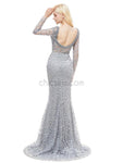 Long Sleeve Mermaid Lace Backless Beaded Floor-Length Prom Dress, YKX058