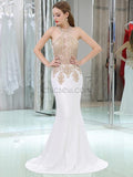 White Mermaid Jersey Sleeveless Applique Floor-Length Prom Dress, YKX059