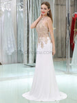 White Mermaid Jersey Sleeveless Applique Floor-Length Prom Dress, YKX059