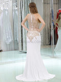 White Mermaid Jersey Sleeveless Applique Floor-Length Prom Dress, YKX059