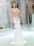 White Mermaid Jersey Sleeveless Applique Floor-Length Prom Dress, YKX059