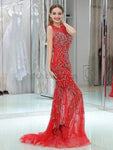 Red Mermaid Open-Back Sleeveless Appliques  Prom Dress, YKX060