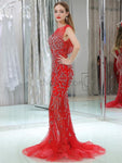 Red Mermaid Open-Back Sleeveless Appliques  Prom Dress, YKX060