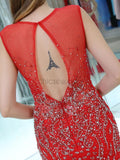 Red Mermaid Open-Back Sleeveless Appliques  Prom Dress, YKX060