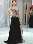 Black Sweetheart Jersey Slit Backless Applique Prom Dress, YKX061