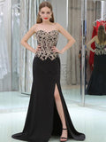 Black Sweetheart Jersey Slit Backless Applique Prom Dress, YKX061