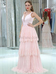 Deep V-neck A-line Lace Sleeveless Beaded Prom Dress, YKX062