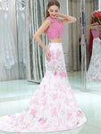 Charming Two Pieces Mermaid Lace Open-Back Satin Prom Dress, YKX064