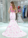 Charming Two Pieces Mermaid Lace Open-Back Satin Prom Dress, YKX064