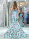 Halter Two Pieces Mermaid Lace Backless Satin Prom Dress, YKX068