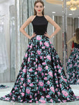 A-line Printed Satin Sleeveless Prom Dress with Pockets, YKX071