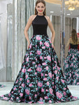 A-line Printed Satin Sleeveless Prom Dress with Pockets, YKX071