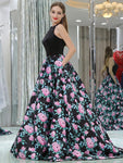 A-line Printed Satin Sleeveless Prom Dress with Pockets, YKX071