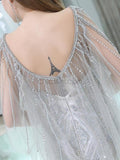 Round Neck Mermaid Backless Beaded Tulle Prom Dress, YKX072