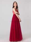 Red A-line Tulle V-neck Sleeveless Beaded Prom Dress, YKX075