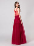 Red A-line Tulle V-neck Sleeveless Beaded Prom Dress, YKX075