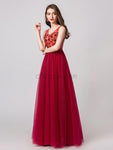 Red A-line Tulle V-neck Sleeveless Beaded Prom Dress, YKX075