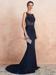 Charming Round Neck Mermaid Jersey Appliques Backless Prom Dress, YKX081
