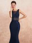 Charming Round Neck Mermaid Jersey Appliques Backless Prom Dress, YKX081