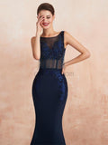 Charming Round Neck Mermaid Jersey Appliques Backless Prom Dress, YKX081