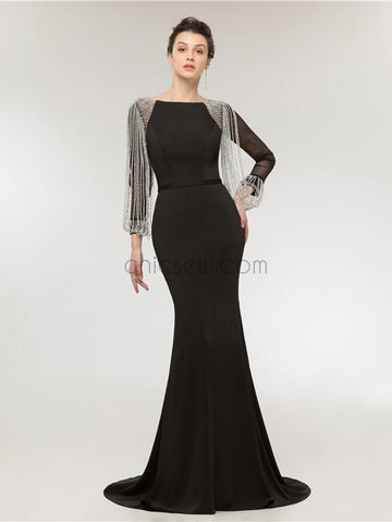 Black Long Sleeves Mermaid Long Evening Prom Dresses SDP1148