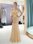 Gorgeous Half Sleeves Beaded Mermaid Long Evening Prom Dresses XDM1147