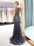 Sparkly V Neck Sleeveless Beades Mermaid Long Evening Prom Dresses, XDM1148