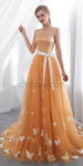 Elegant Strapless Pastel Orange Tulle A Line Long Evening Prom Dresses, XDM1140