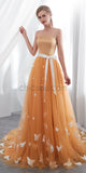 Elegant Strapless Pastel Orange Tulle A Line Long Evening Prom Dresses, XDM1140