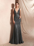 Sparkly Deep V Neck Sleeveless Mermaid Long Evening Prom Dresses, XDM1128