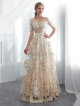 A-line Long Sleeves Applique Long Evening Prom Dresses SDP1151