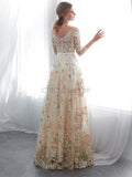 A-line Long Sleeves Applique Long Evening Prom Dresses SDP1151