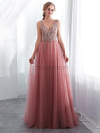 A-line Side Slit V-neck Tulle Beaded Long Prom Dresses SDP1152