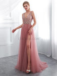 A-line Side Slit V-neck Tulle Beaded Long Prom Dresses SDP1152