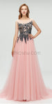 A-line Pink Beaded Tulle Long Evening Prom Dresses SDP1114