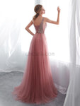 A-line Side Slit V-neck Tulle Beaded Long Prom Dresses SDP1152