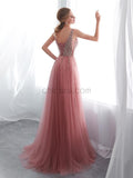 A-line Side Slit V-neck Tulle Beaded Long Prom Dresses SDP1152