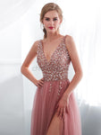 A-line Side Slit V-neck Tulle Beaded Long Prom Dresses SDP1152