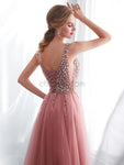 A-line Side Slit V-neck Tulle Beaded Long Prom Dresses SDP1152