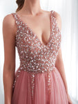 A-line Side Slit V-neck Tulle Beaded Long Prom Dresses SDP1152