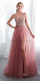 A-line Side Slit V-neck Tulle Beaded Long Prom Dresses SDP1152