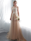 Tulle Applique A-line Long Prom Dresses SDP1153