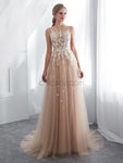 Tulle Applique A-line Long Prom Dresses SDP1153